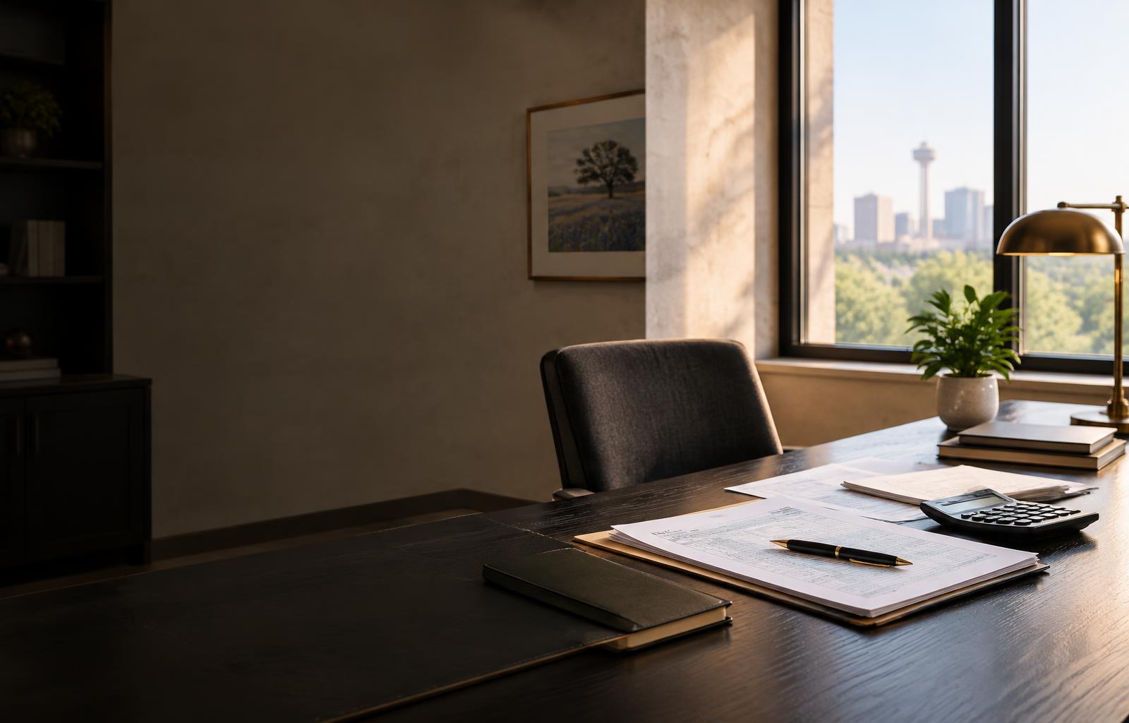 Tax documents, a calculator and pen on a professional office desk